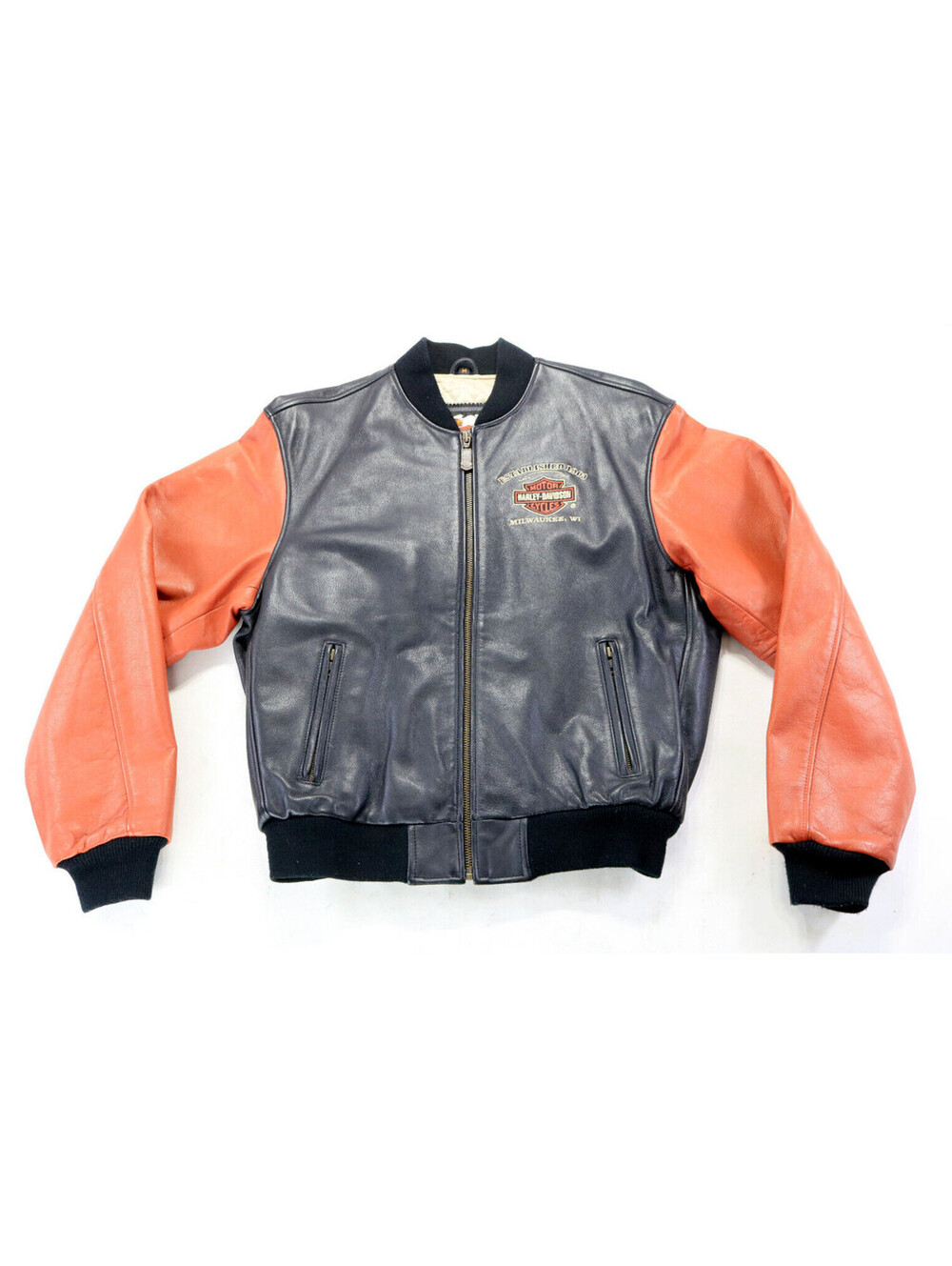 harley davidson jacket M black orange leather bomber Milwaukee, WI. varsity bar